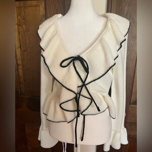 Francesca's Collections Cream Ruffle Cardigan with Black Accents